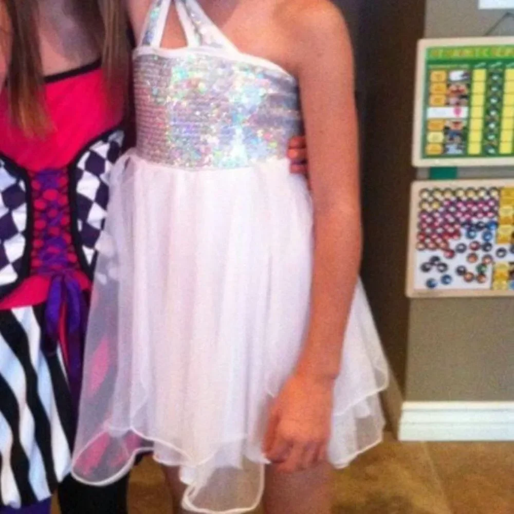 Lyrical White one shoulder girls dance costume with sequined top Medium Child